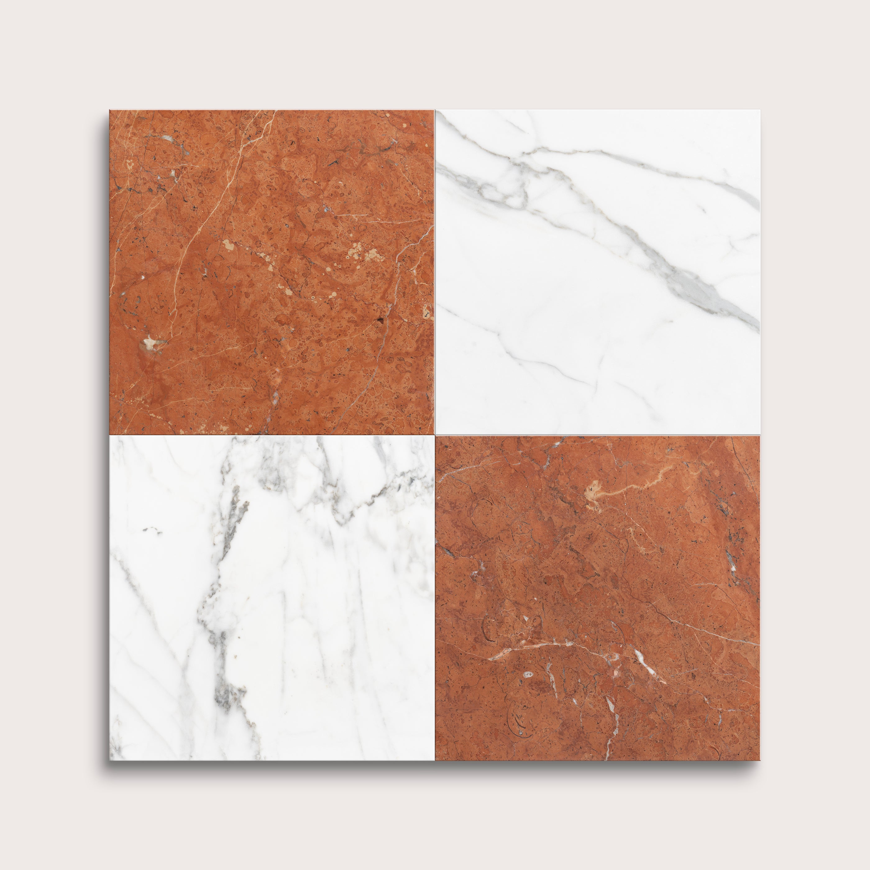 Four square tiles with different marble patterns on a light gray background