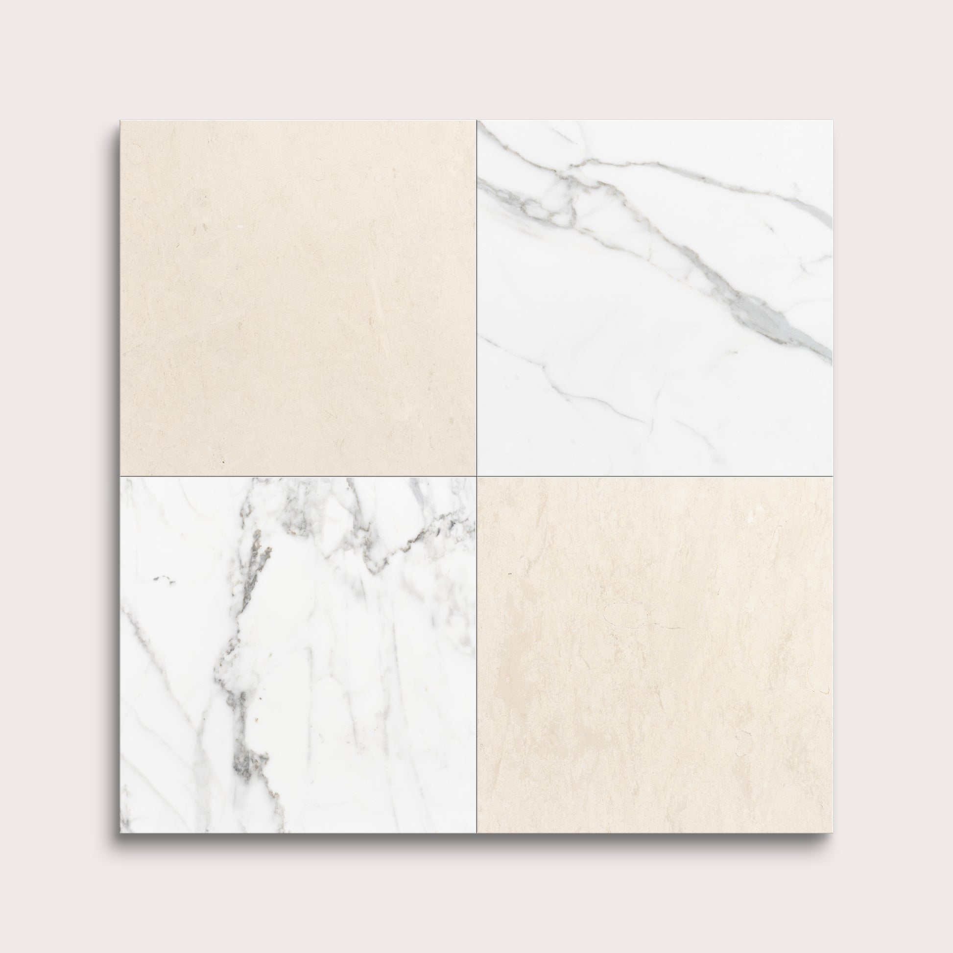 Four square tiles with marble and beige patterns on a light gray background