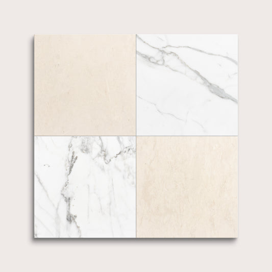 Four square tiles with marble and beige patterns on a light gray background