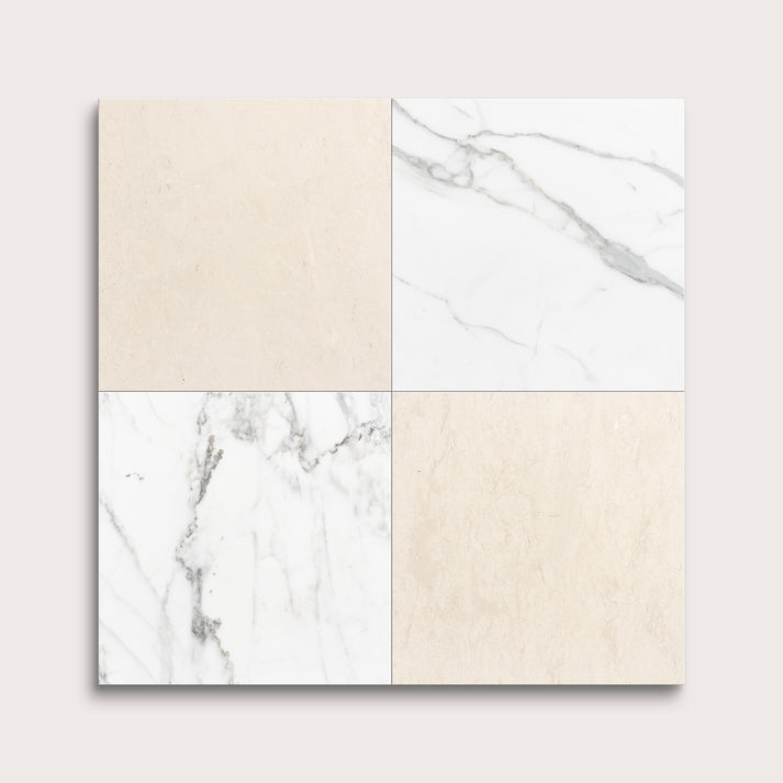 Four square tiles with marble and beige patterns on a light gray background