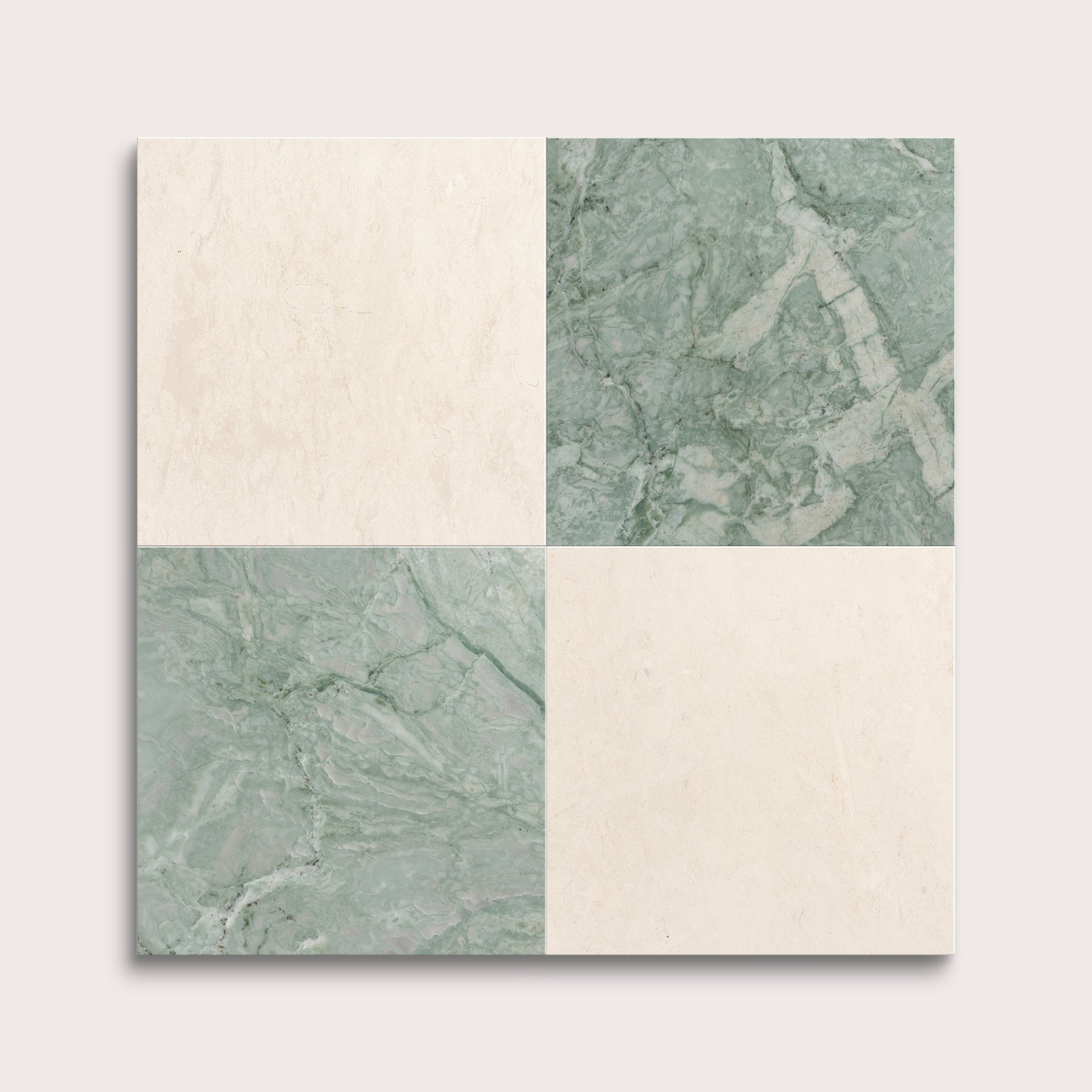 marble and limestone square tiles in checkerboard pattern on light grey background