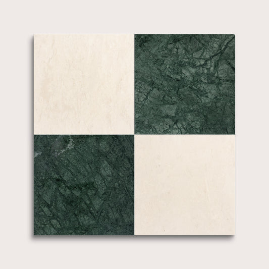 marble and limestone square tiles in checkerboard pattern on light grey background