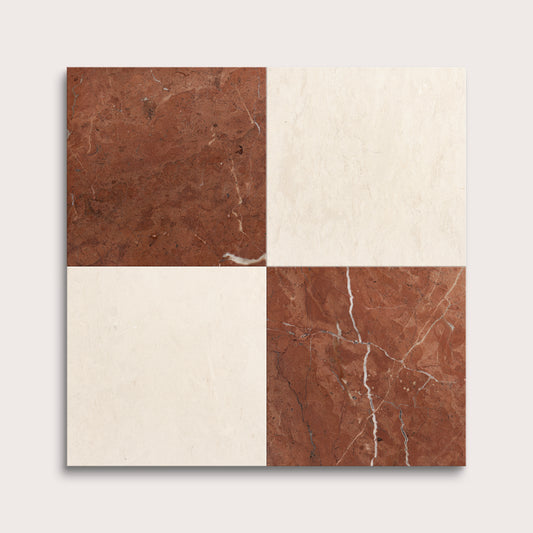 Four square tiles with brown and beige marble pattern on a white background