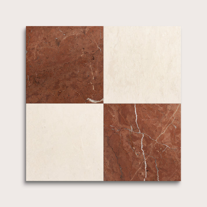 Four square tiles with brown and beige marble pattern on a white background