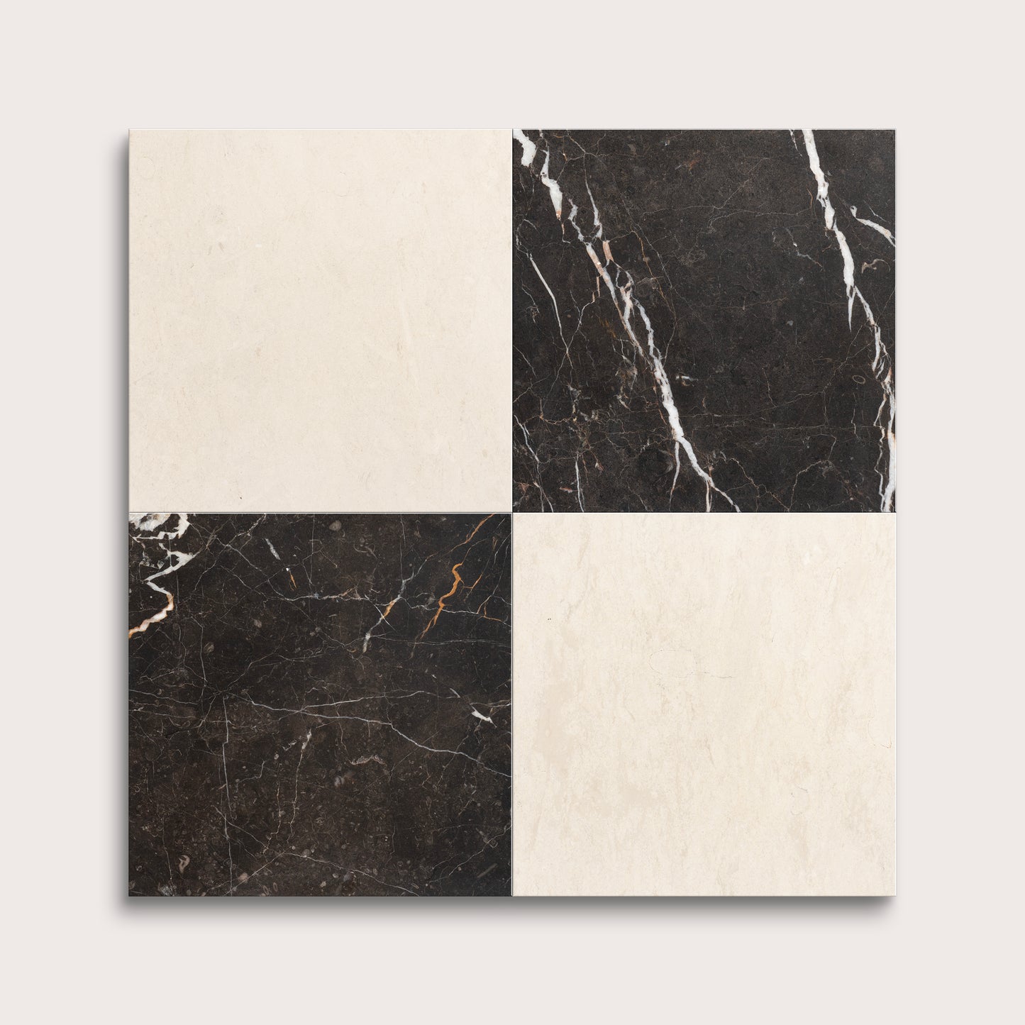 Four square tiles with black and beige marble patterns on a white background