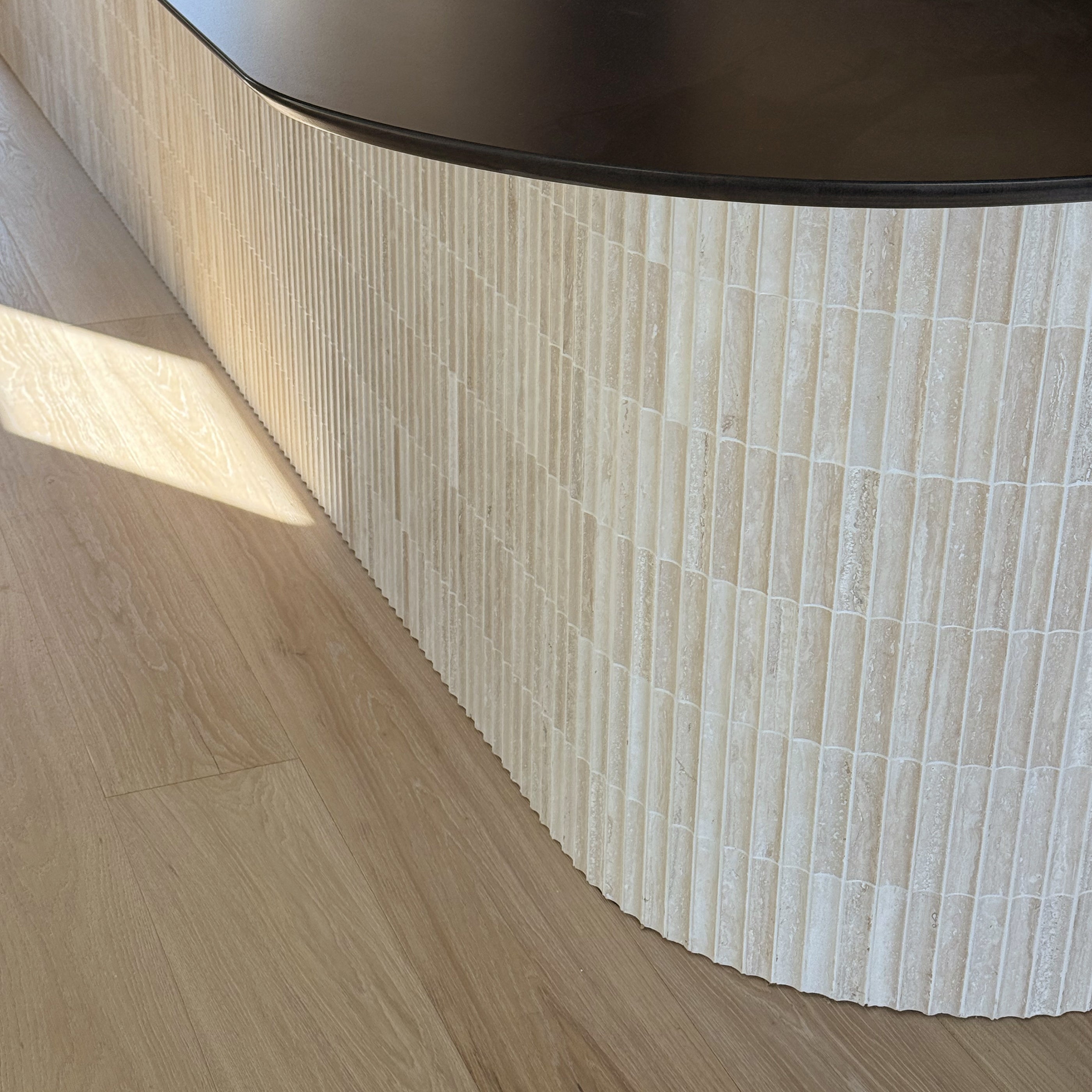 Beige Travertine Fluted Mosaic Tile | Honed-Natural Stone,Solids, installed on the wall in kitchen-Riad Tile