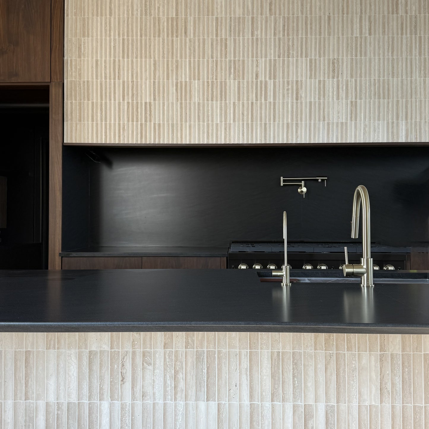 Beige Travertine Fluted Mosaic Tile | Honed-Natural Stone,Solids, installed on the wall in kitchen-Riad Tile