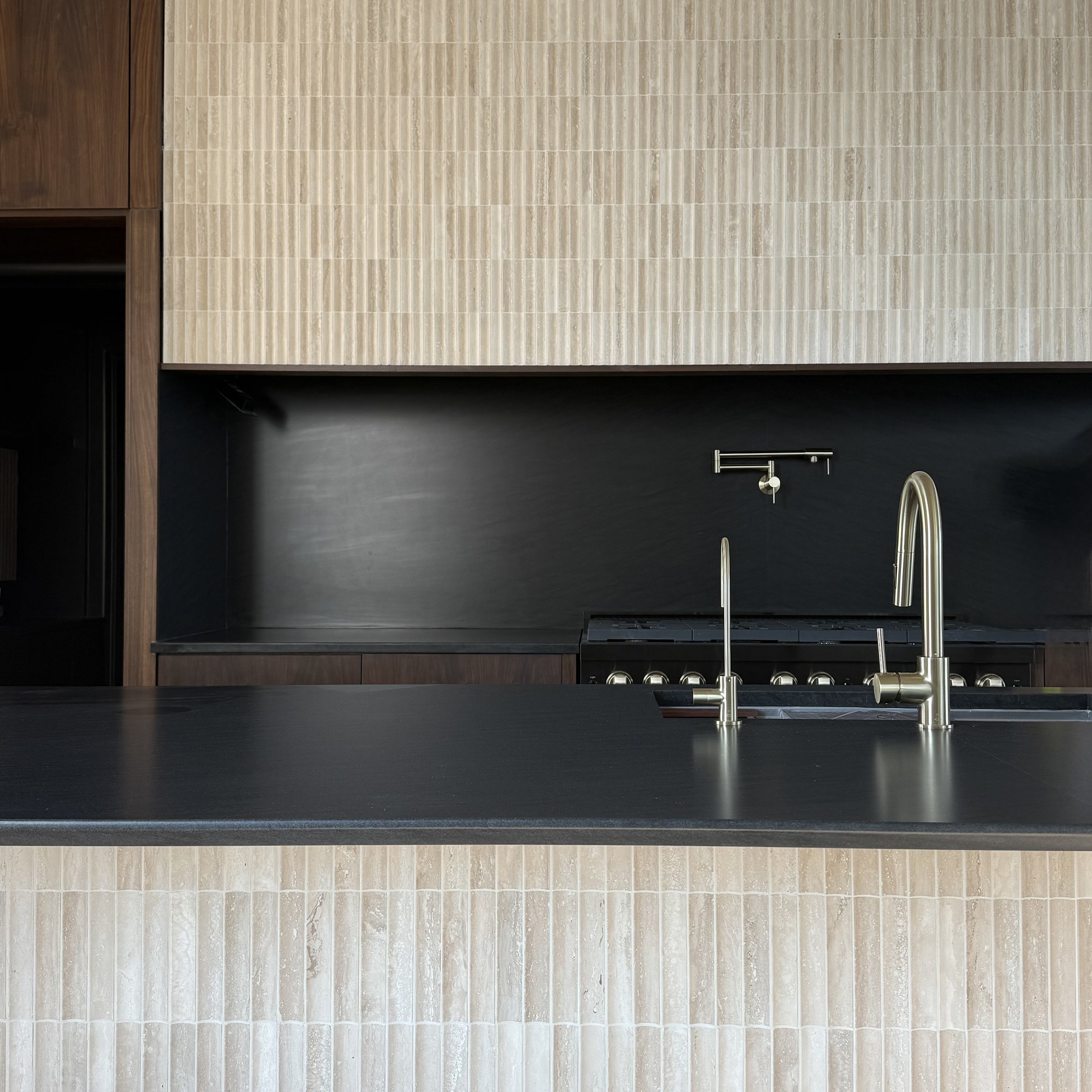 Beige Travertine Fluted Mosaic Tile | Honed-Natural Stone,Solids, installed on the wall in kitchen-Riad Tile