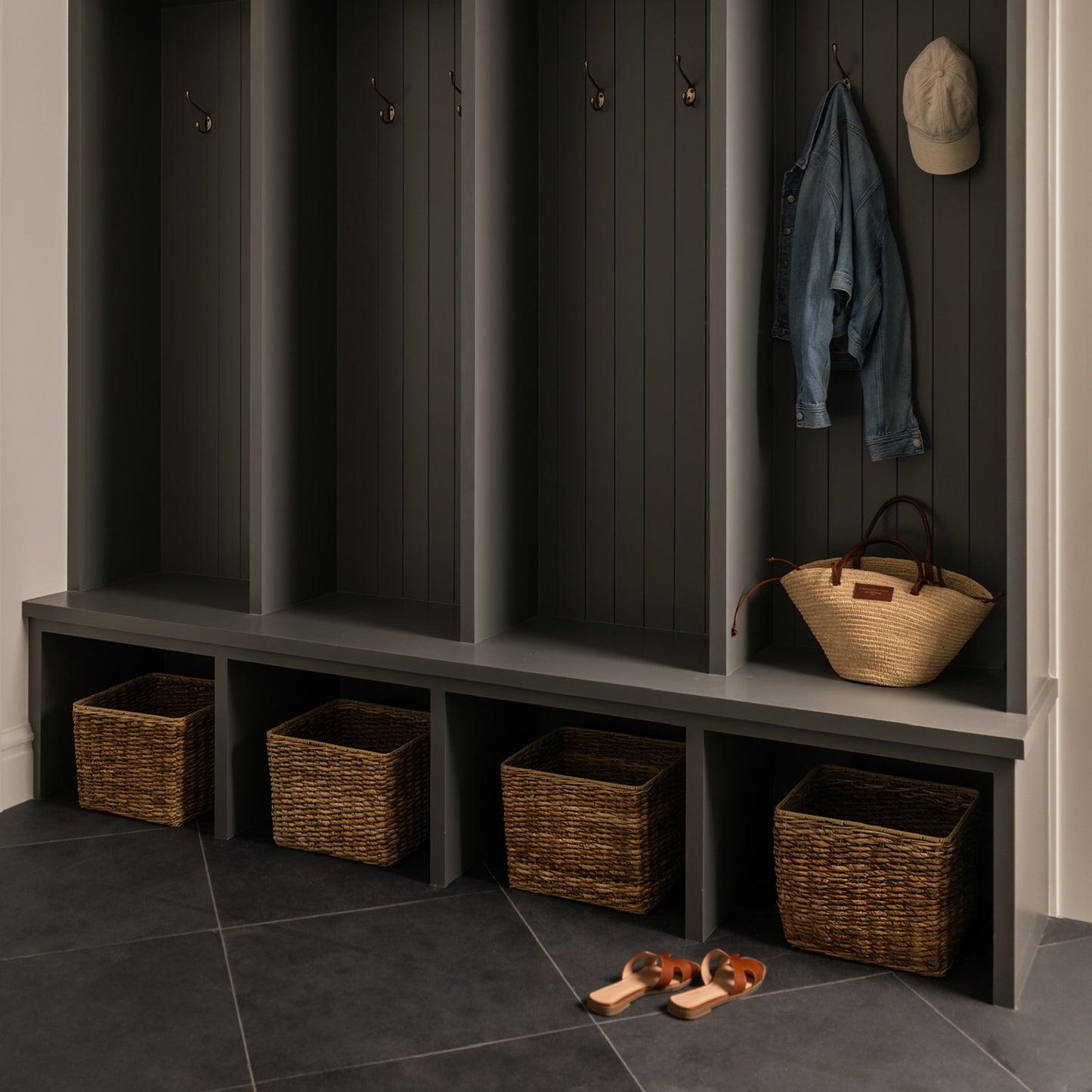 Black 24x24 Brazilian Slate-Natural Stone,Under 10, installed on floor in mudroom-Riad Tile