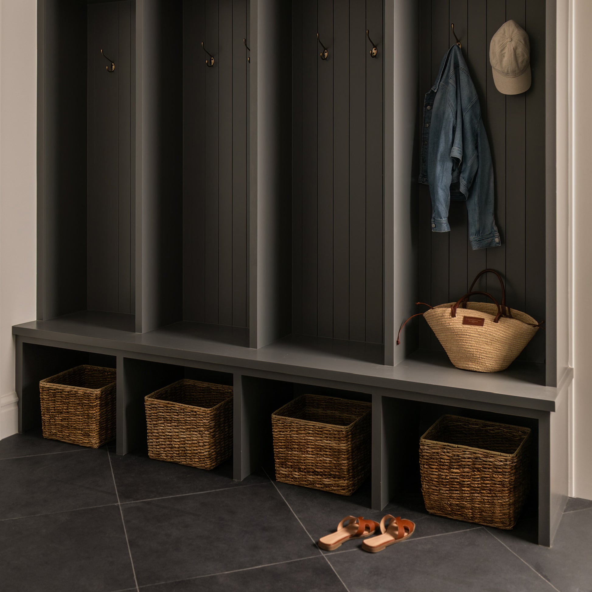 Black 24x24 Brazilian Slate-Natural Stone,Under 10, installed on floor in mudroom-Riad Tile