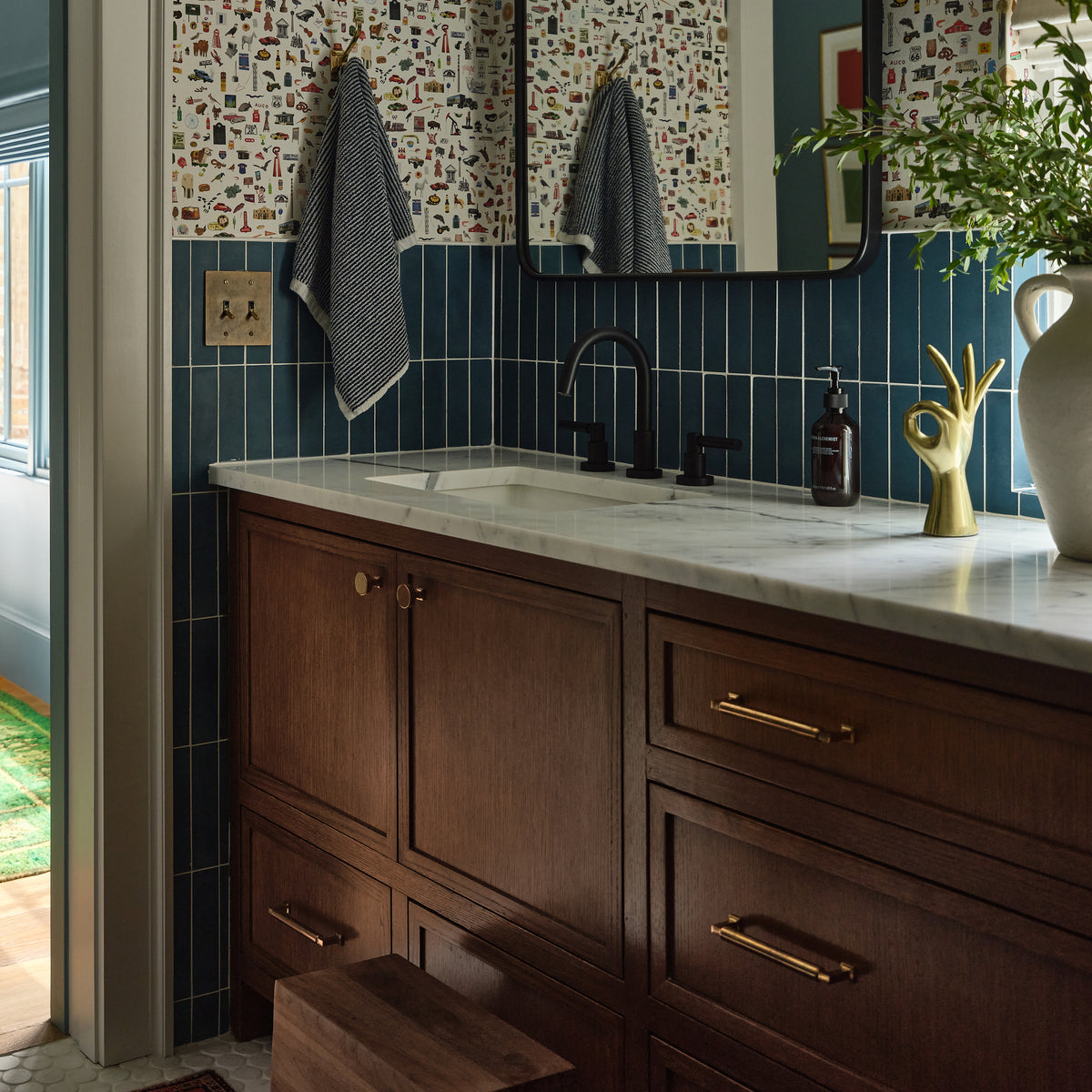 blue rectangle cement tile installed on the wall in a bathroom