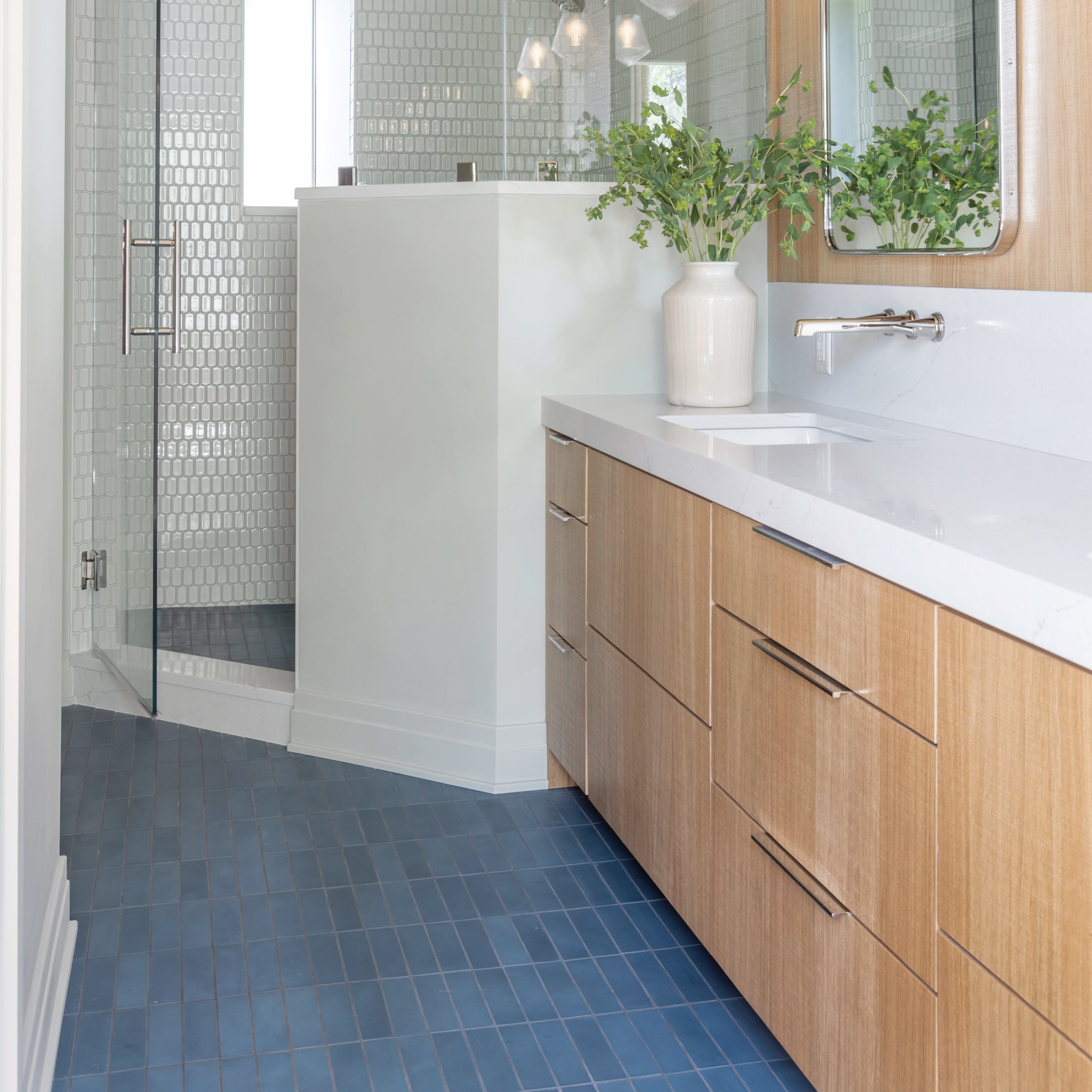 Blue 2x8 Cement Tile, Solids, on bathroom and shower floor-Riad Tile