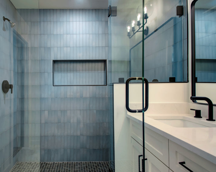 Bluesky 2x8 Ceramic Tile | Matte-Solids, installed on shower wall-Riad Tile