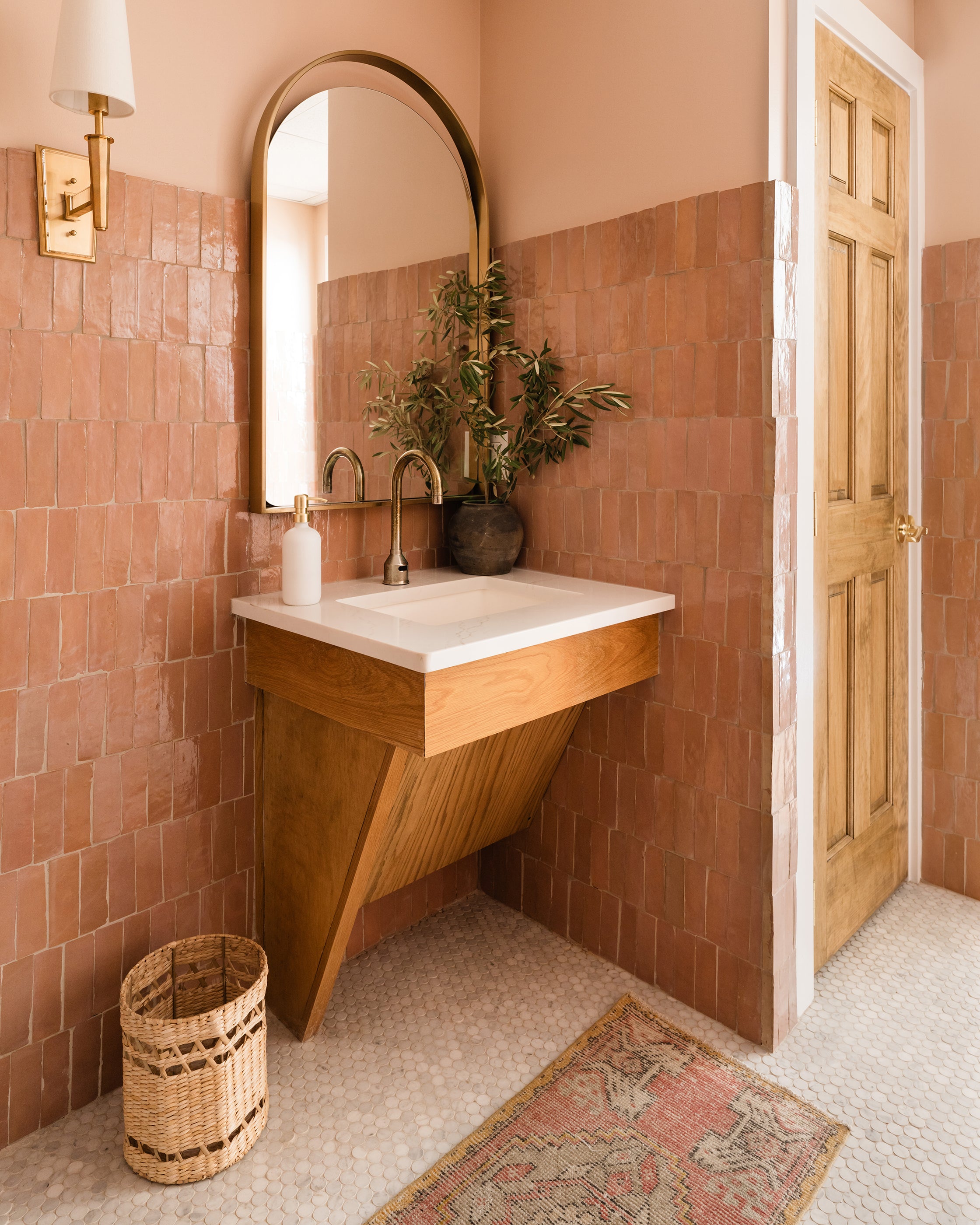 Blush 2x6 Thin Bejmat Zellige Tile-Solids,Zellige Tile, installed on bathroom walls-Riad Tile