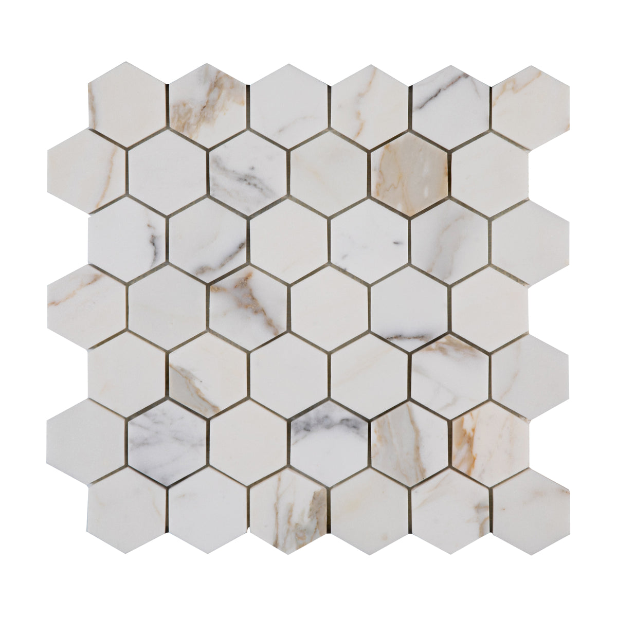 Hexagonal marble mosaic tile pattern on a white background