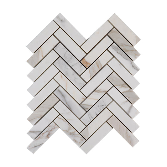 Sample: Calacatta Gold 1x4 Herringbone Mosaic Marble Tile | Honed-Sample-Sample-Riad Tile