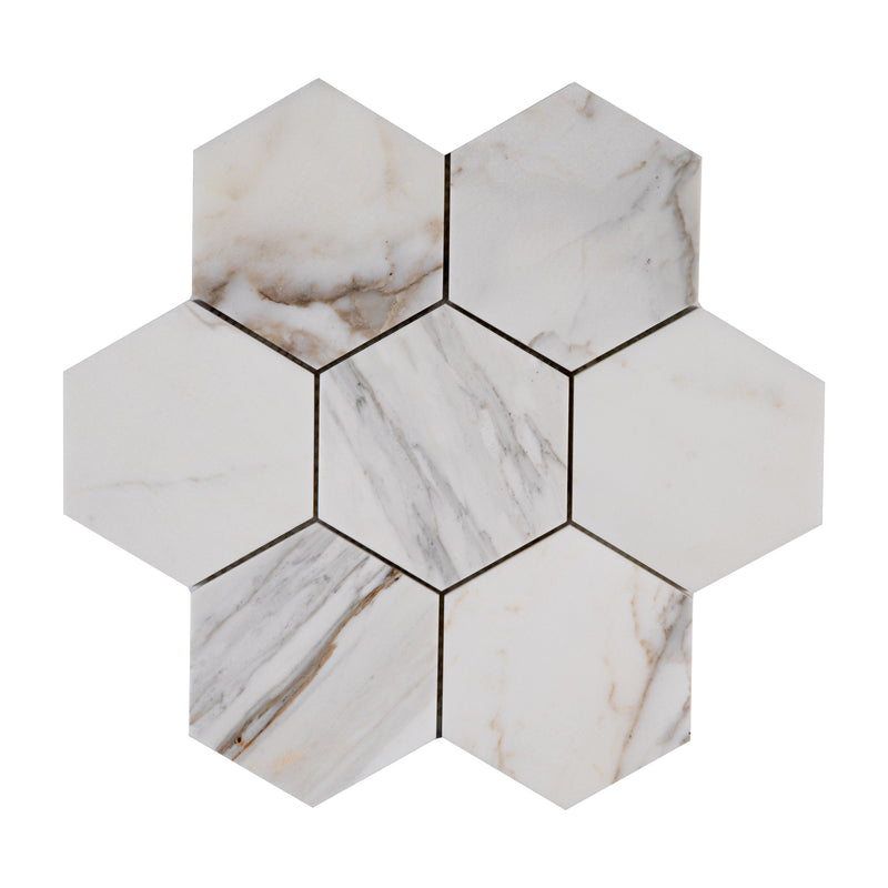 Calacatta Gold 5 Inch Hexagon Mosaic Marble Tile | Honed-Main Inventory-All Products,Natural Stone-Riad Tile