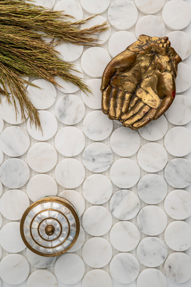 Casablanca Carrara 2 Inch Penny Round Mosaic Marble Tile | Honed-Main Inventory-All Products,Natural Stone-Riad Tile