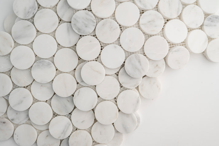 Casablanca Carrara 2 Inch Penny Round Mosaic Marble Tile | Honed-Main Inventory-All Products,Natural Stone-Riad Tile