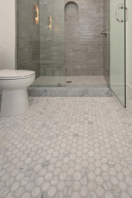 Casablanca Carrara 2 Inch Penny Round Mosaic Marble Tile | Honed-Main Inventory-All Products,Natural Stone-Riad Tile