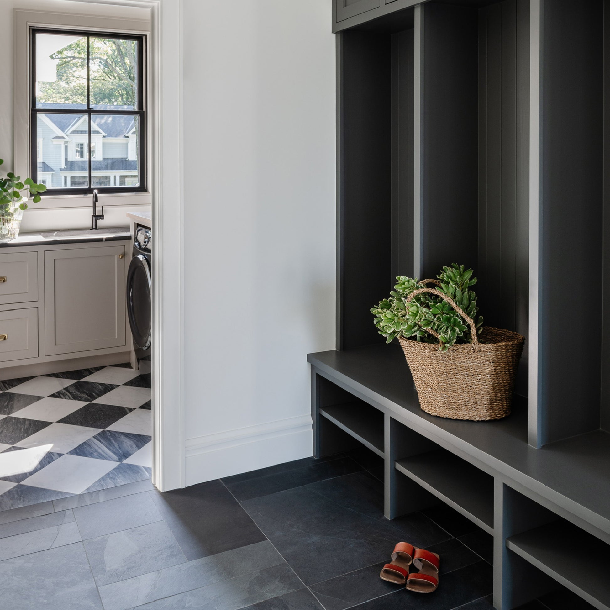 Casablanca Carrara & Bardiglio Grey Dark 12x12 Marble | Honed – Checkerboard Bundle-Checkerboard,Natural Stone, installed on the floor in laundry room-Riad Tile