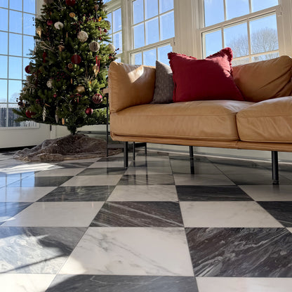 Casablanca Carrara & Bardiglio Grey Dark 12x12 Marble | Honed – Checkerboard Bundle-Checkerboard,Natural Stone, installed on the floor in living room-Riad Tile