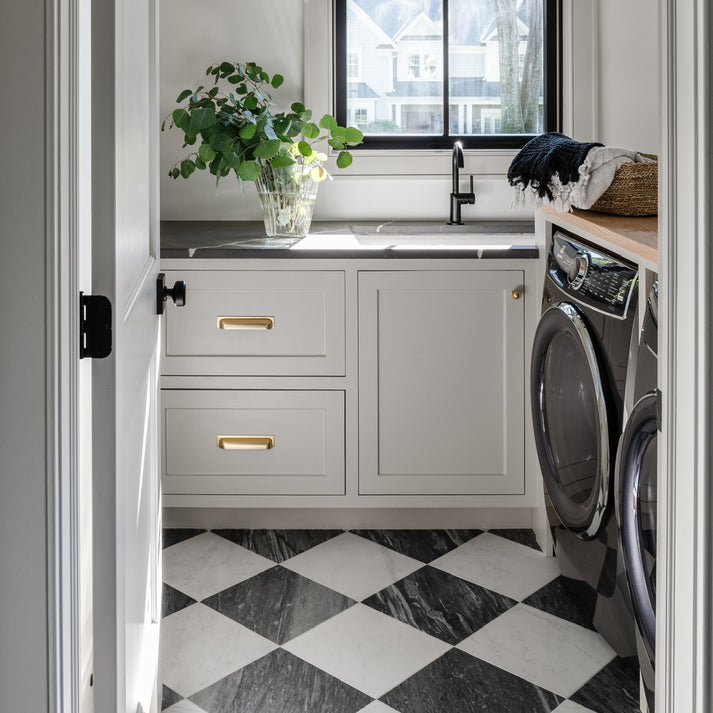 Casablanca Carrara & Bardiglio Grey Dark 12x12 Marble | Honed – Checkerboard Bundle-Checkerboard,Natural Stone, installed on the floor in laundry room-Riad Tile
