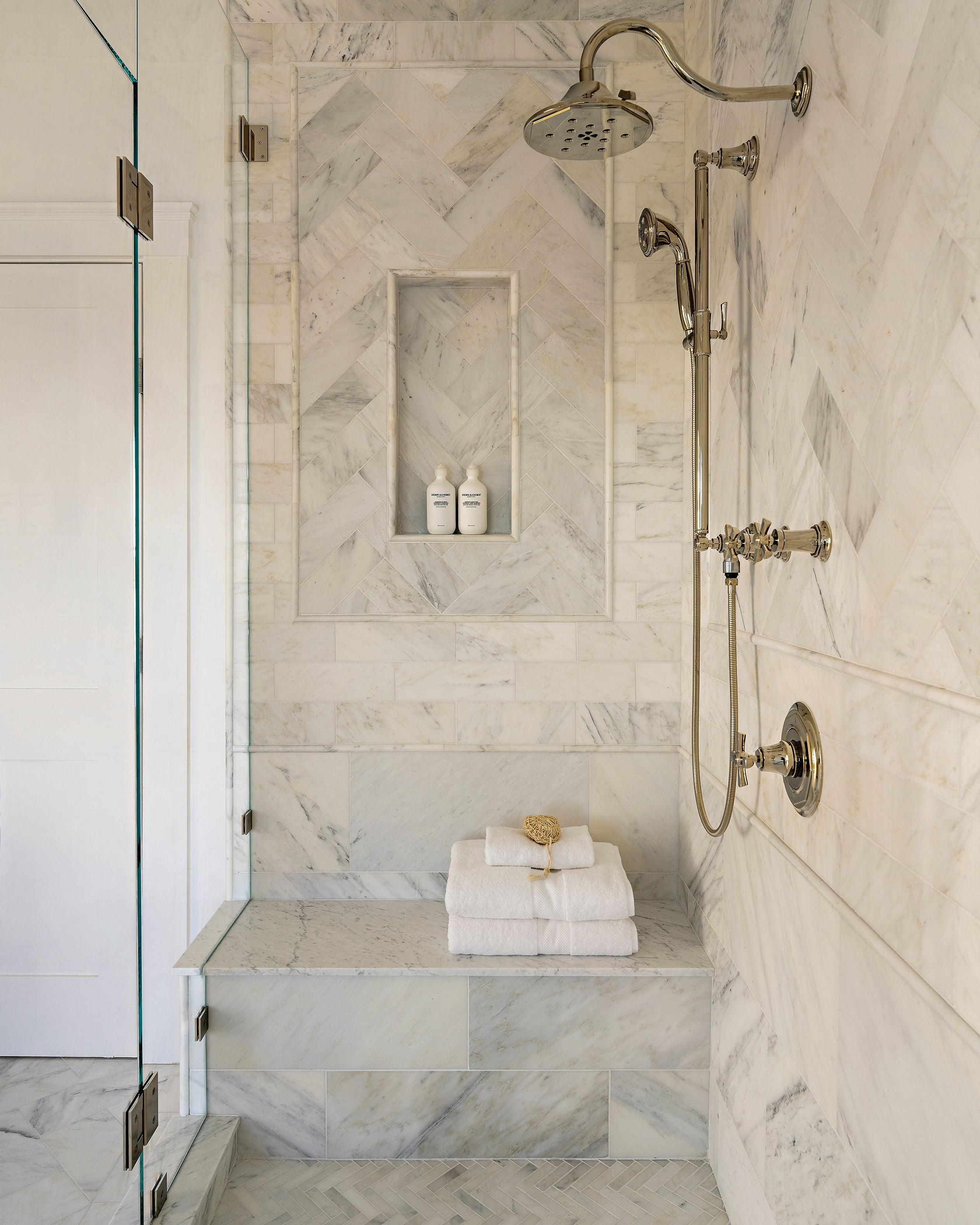 Casablanca Carrara 4x12 Subway Marble Tile | Honed-Natural Stone, installed in the shower-Riad Tile