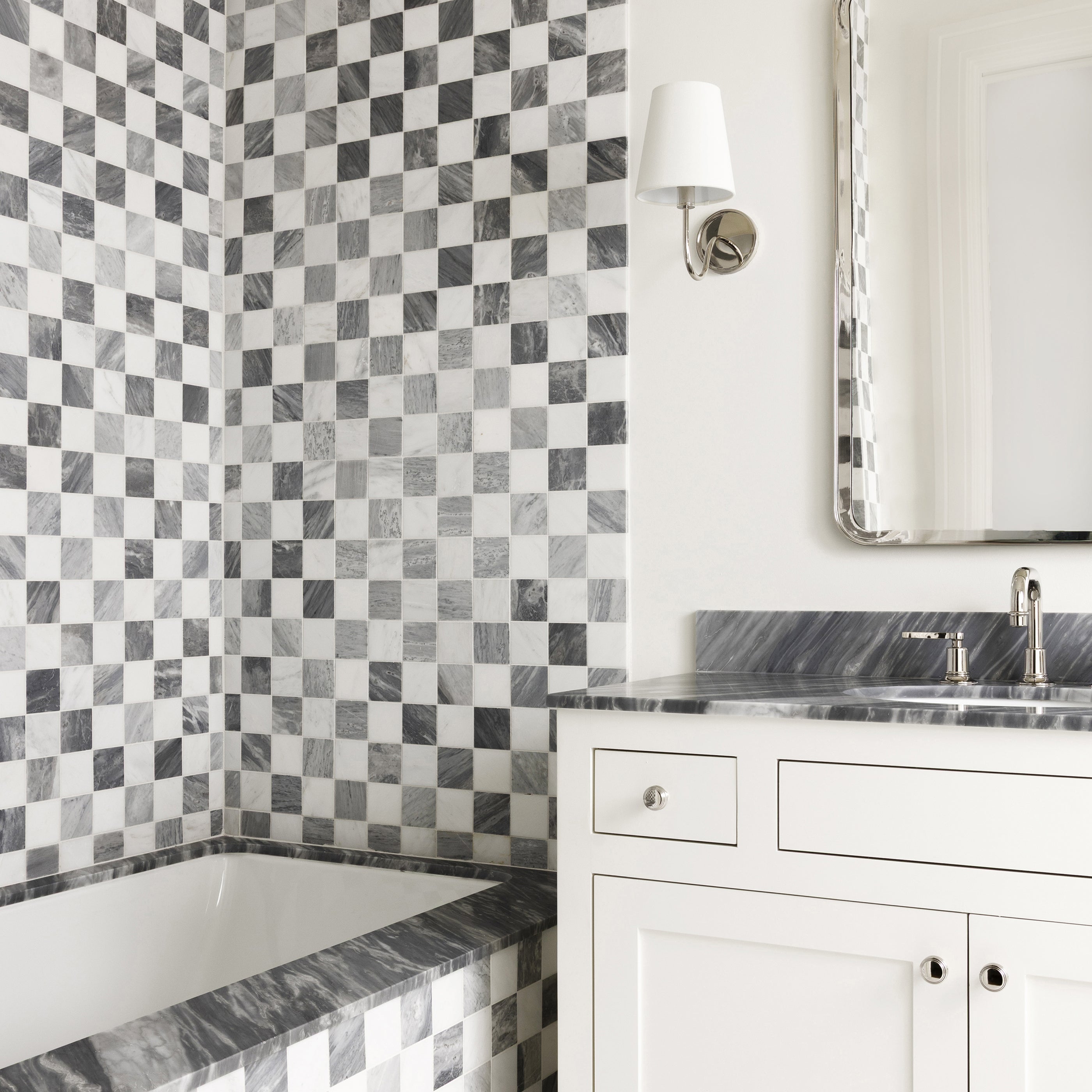 Casablanca Carrara & Bardiglio Grey Marble 3 Inch Checkerboard Mosaic Marble Tile | Honed-Checkerboard,Natural Stone, installed on bathtub surround in bathroom-Riad Tile
