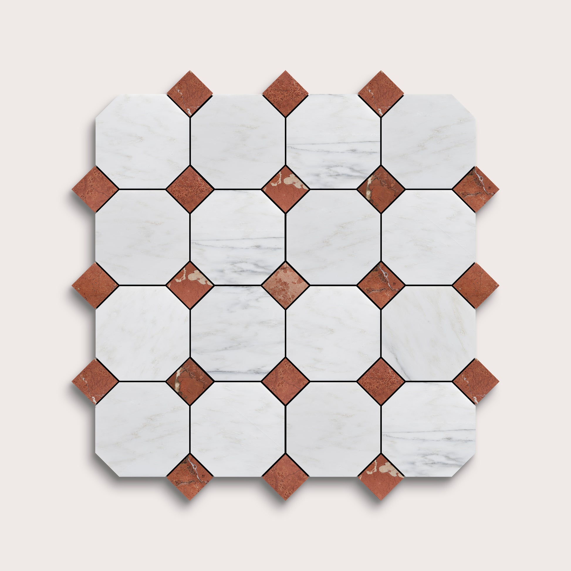 Hexagonal tiles with white and brown marble on a light gray background