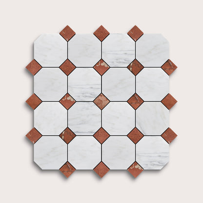 Hexagonal tiles with white and brown marble on a light gray background
