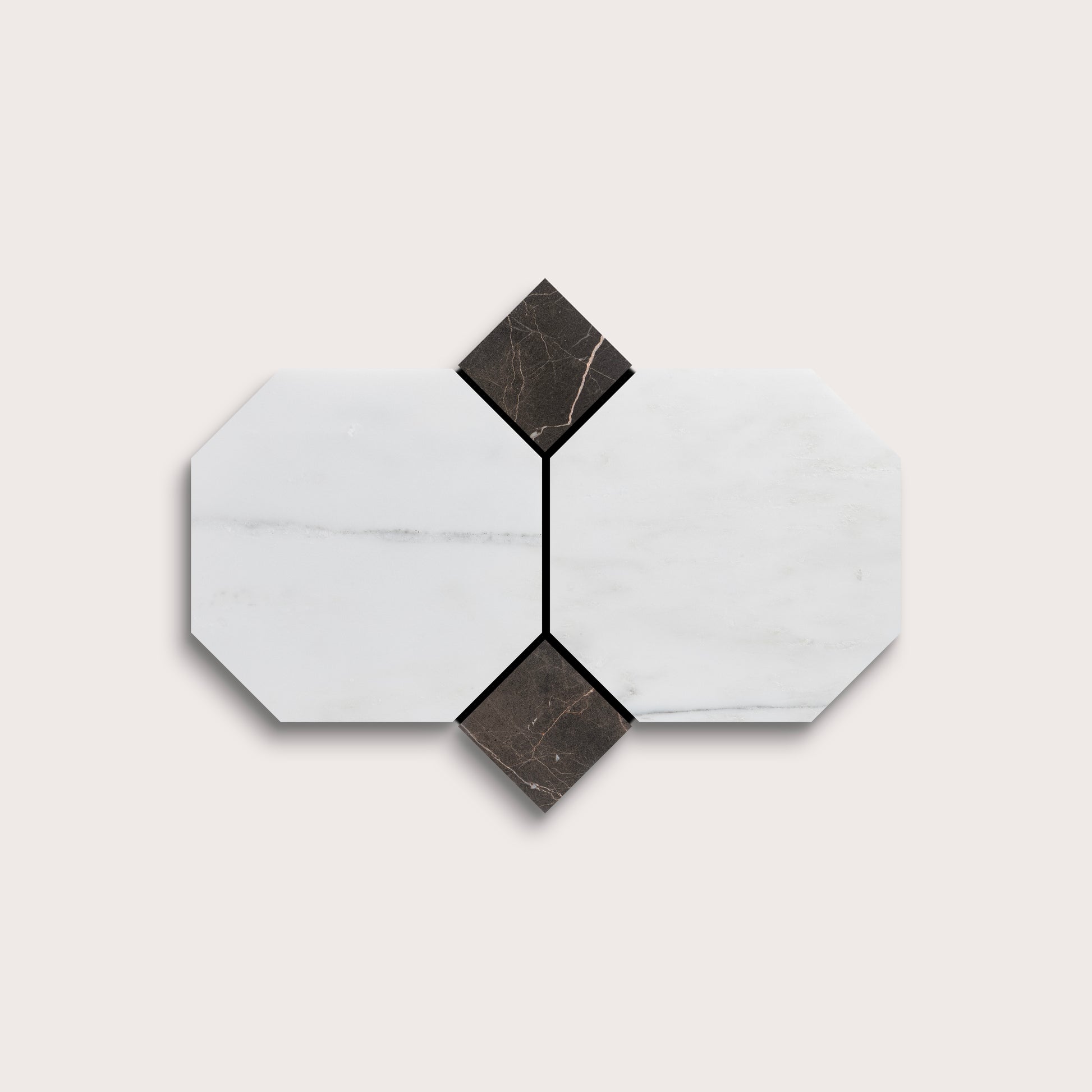 Hexagonal marble tiles with black and white pattern on a light gray background