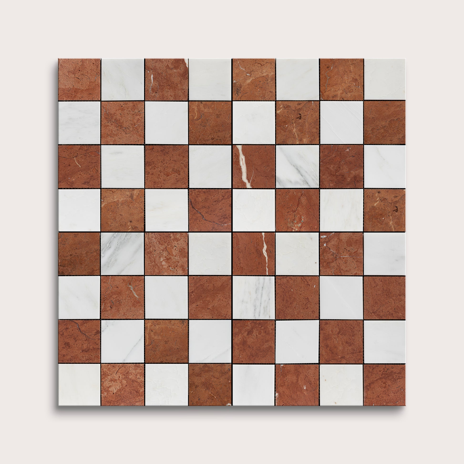 Checkered pattern of brown and white marble tiles on a white background