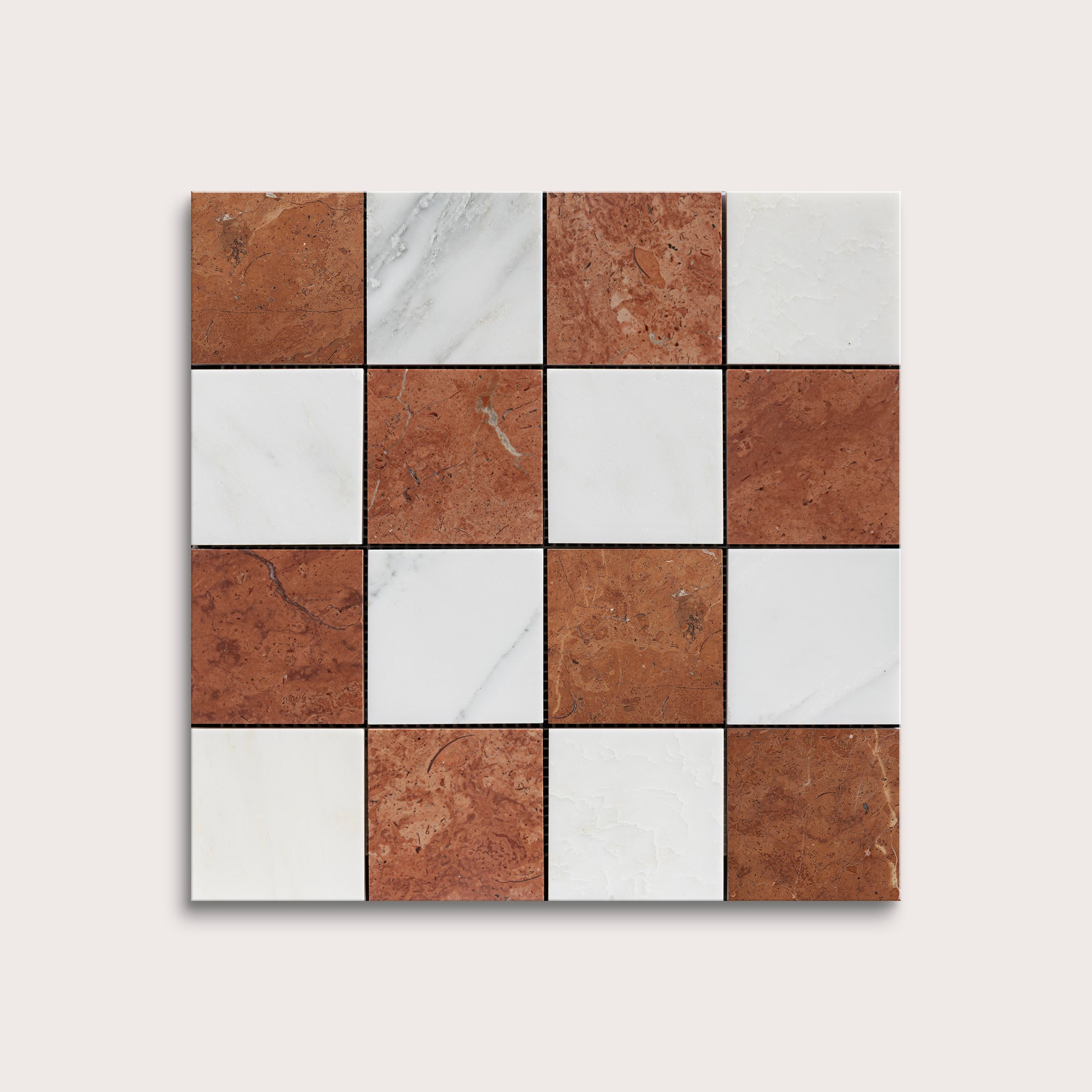 Checkered pattern of brown and white marble tiles on a white background