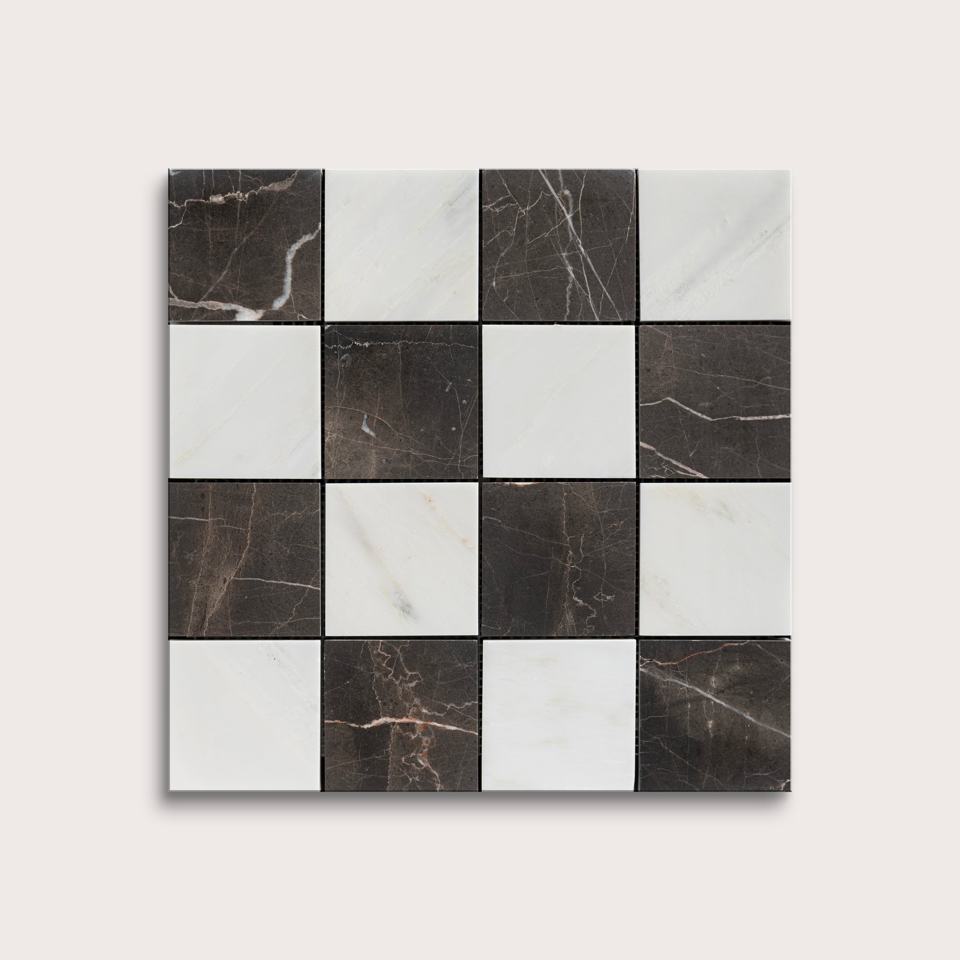 Checkered pattern of black and white marble tiles on a light gray background