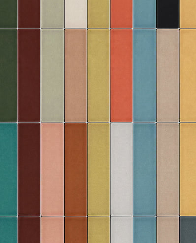 A grid of rectangular color tiles in muted earthy and pastel tones, including olive green, burgundy, beige, mustard yellow, coral orange, teal, light blue, white, and charcoal gray.