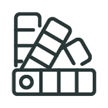 A dark gray minimalist line icon depicting a color swatch card or color palette, shown on a solid white background. This icon represents the wide color options we have in our ceramic assortment.