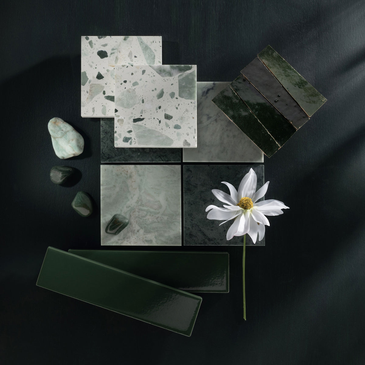 green color palette mood board with terrazzo, marble, ceramic, and zellige tile