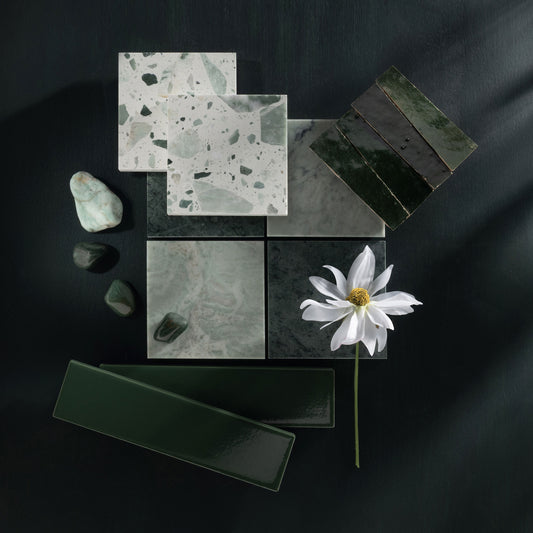 green color palette mood board with terrazzo, marble, ceramic, and zellige tile