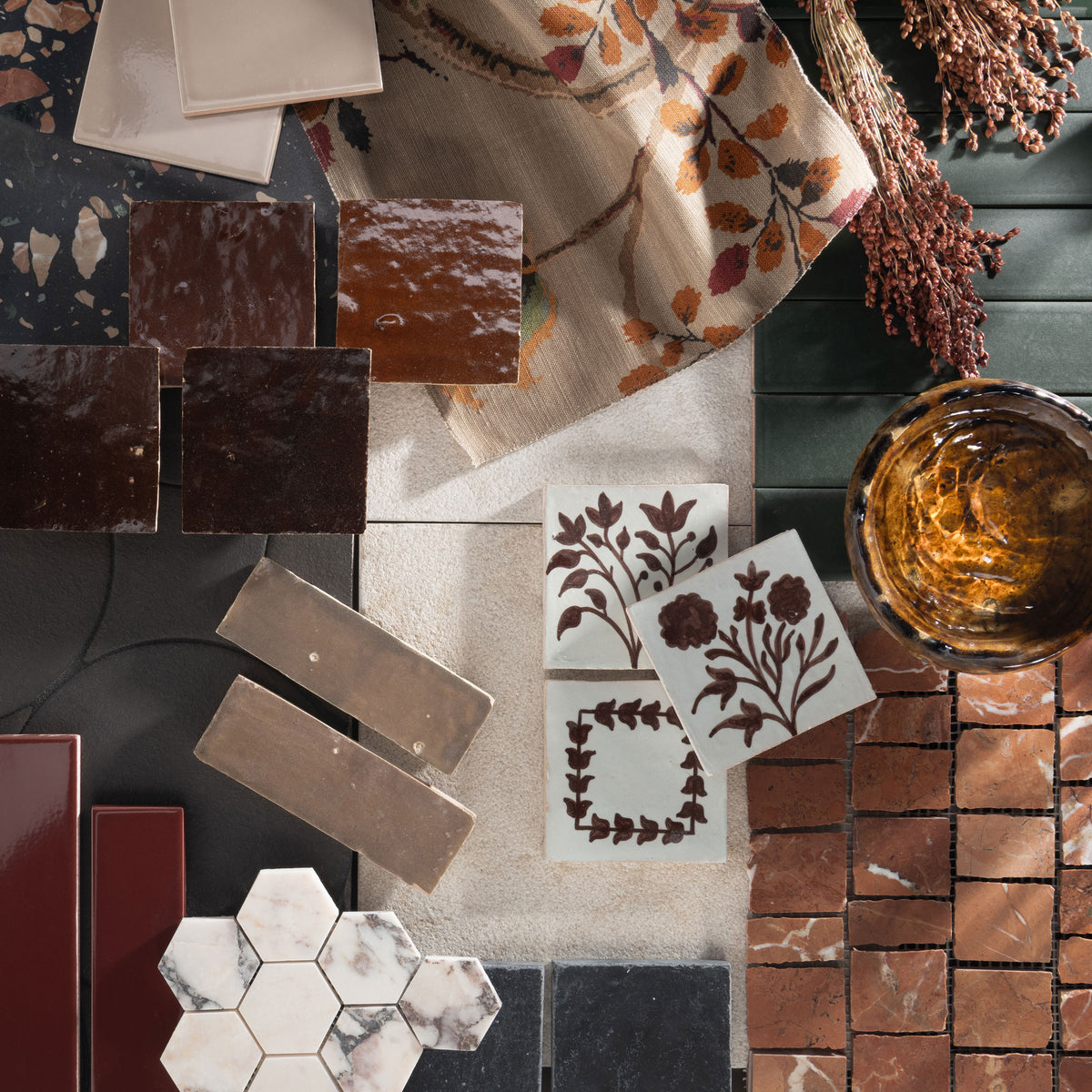 styled mood board with tile, fabric, and other decorative objects. Zellige, Limestone, Marble, Ceramic, and Terrazzo tile.