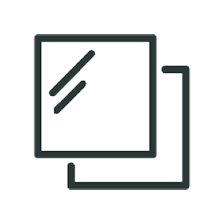 A minimalist icon depicting two overlapping square frames with diagonal lines, representing a layered design or template, in dark gray on a white background. This icon represents the two types of finishes available in our ceramic assortment. Gloss and matte.