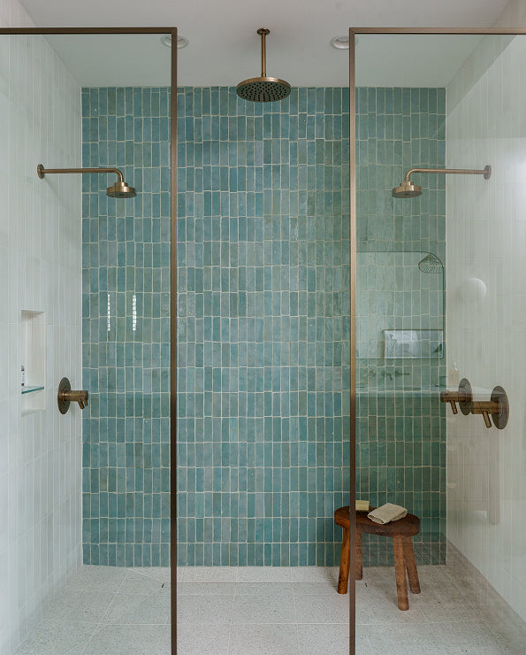 blue zellige tile in shower