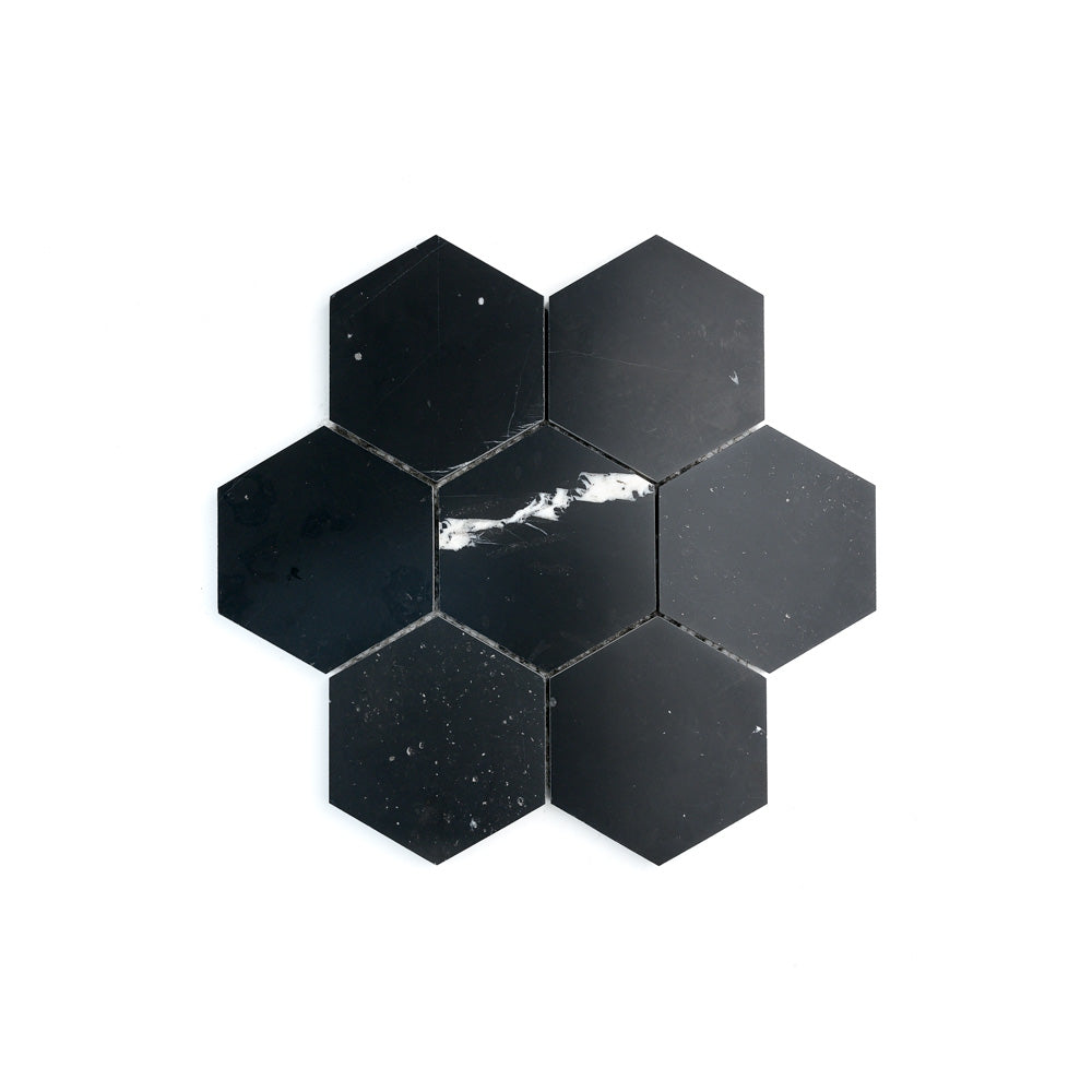 Nero Marquina 5 Inch Hexagon Mosaic Marble Tile | Honed