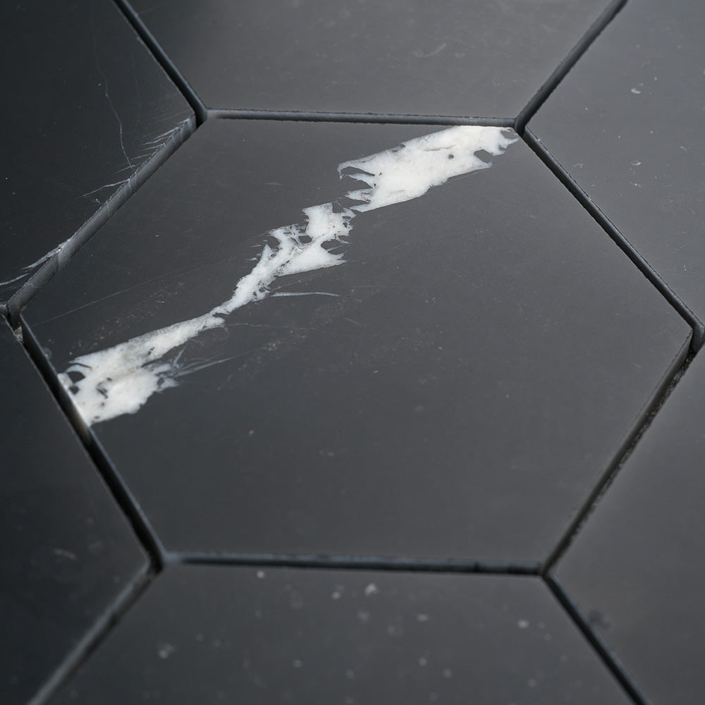 Nero Marquina 5 Inch Hexagon Mosaic Marble Tile | Honed-Main Inventory-All Products,Natural Stone-Riad Tile