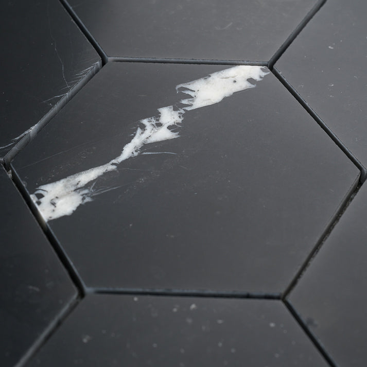 Nero Marquina 5 Inch Hexagon Mosaic Marble Tile | Honed-Main Inventory-All Products,Natural Stone-Riad Tile