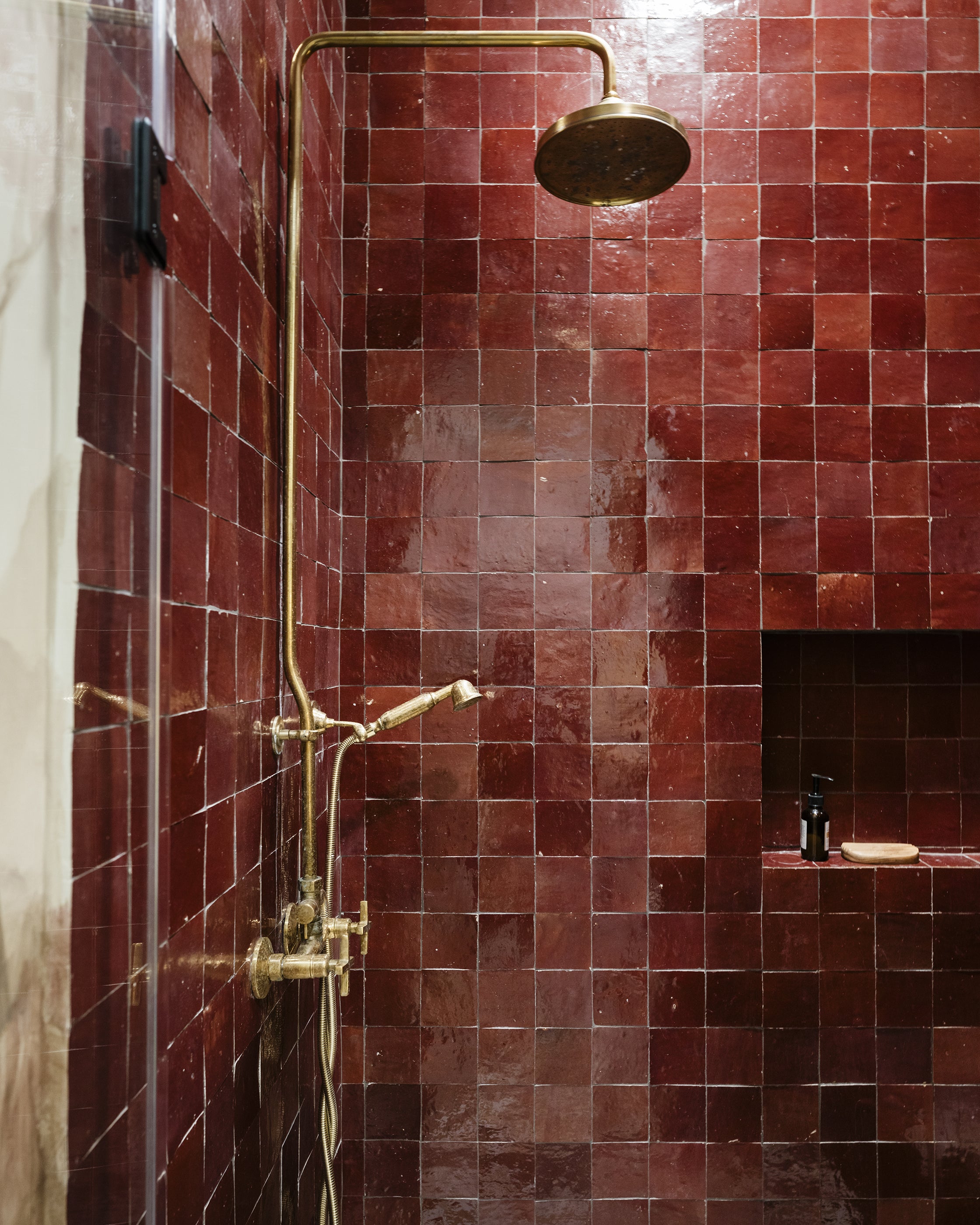 Merlot 4x4 Zellige Tile-Solids,Zellige Tile, installed on shower walls-Riad Tile