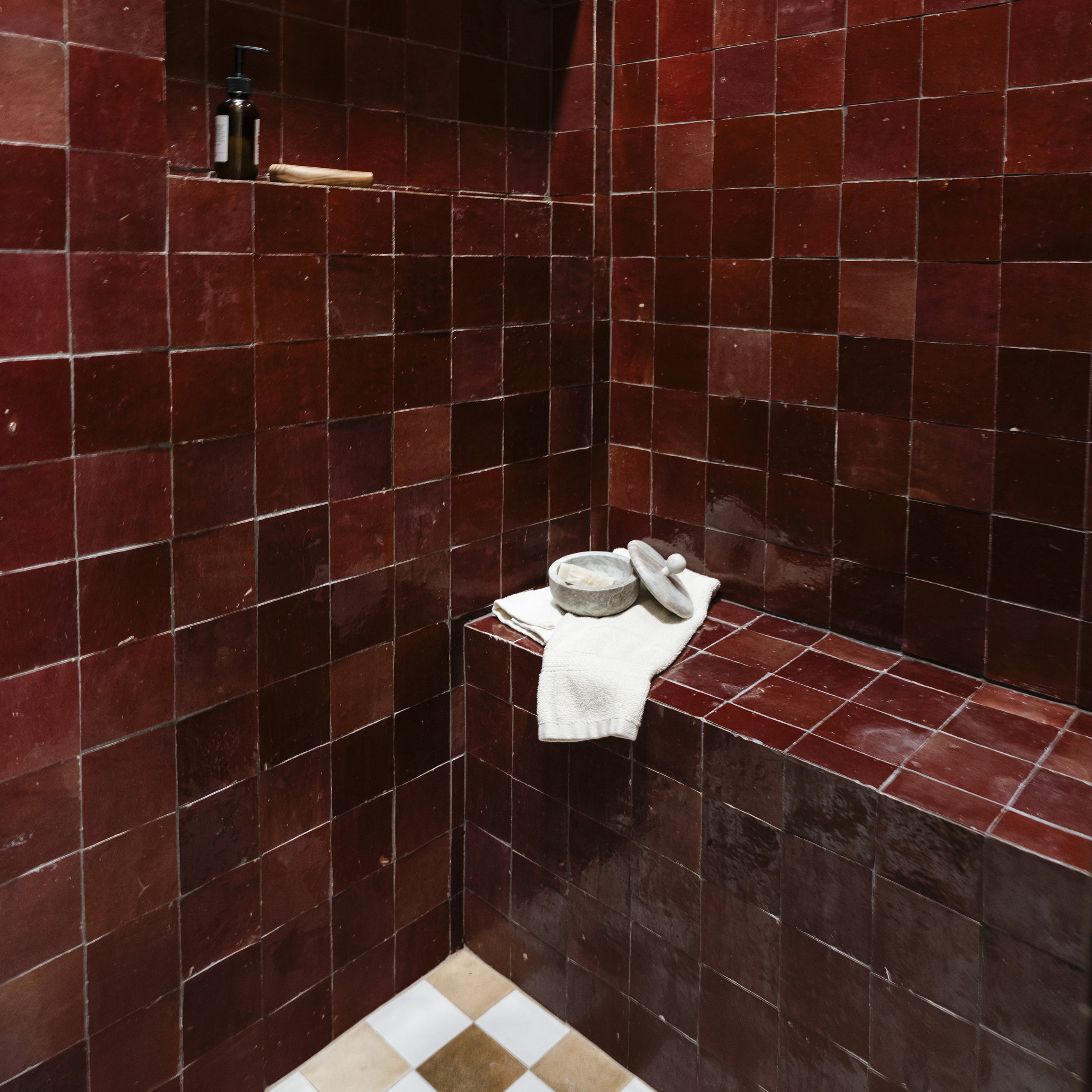 Merlot 4x4 Zellige Tile-Solids,Zellige Tile, installed on shower walls-Riad Tile