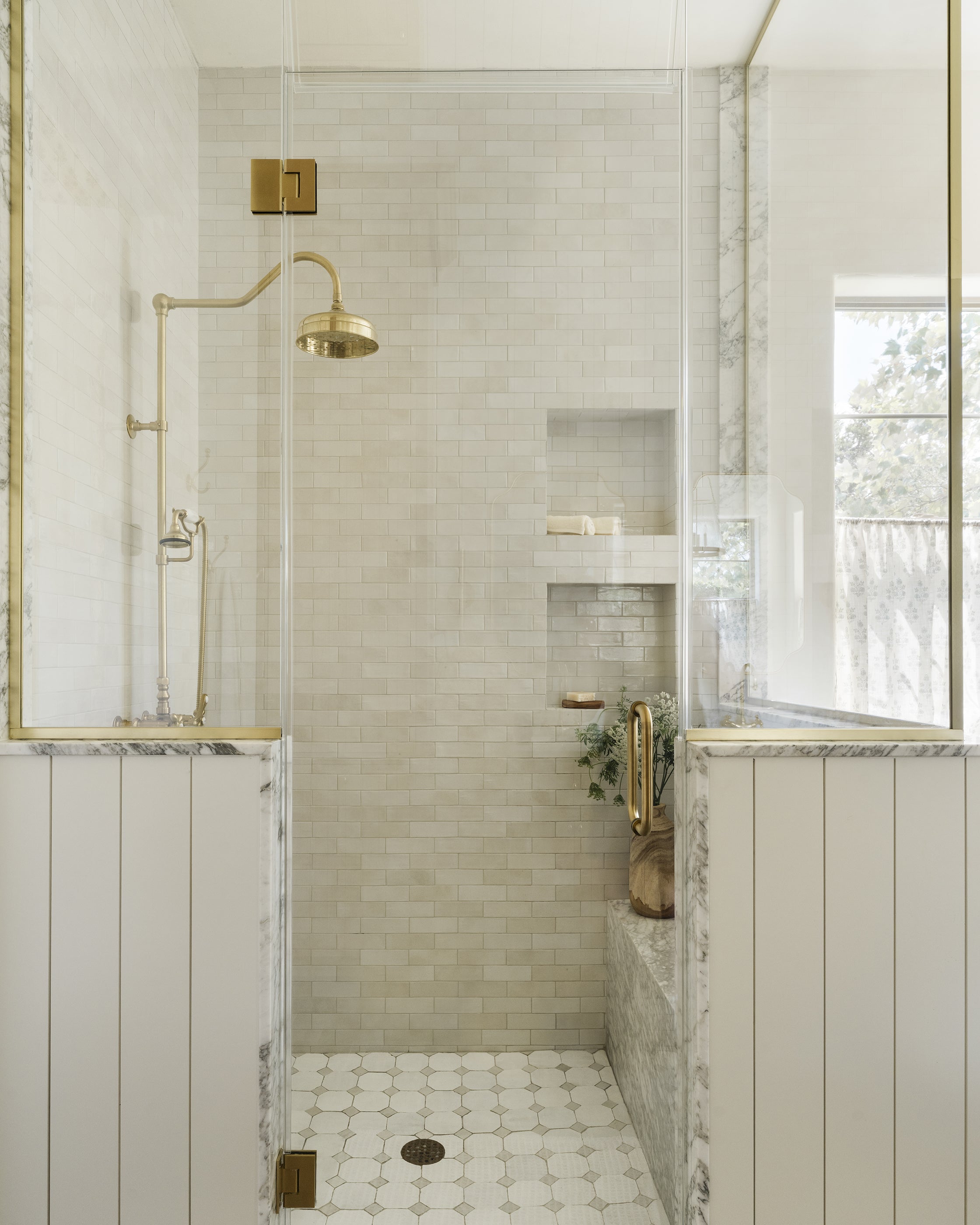 Natural White 2x6 Thin Bejmat Zellige Tile,Solids,Zellige Tile, installed on shower walls-Riad Tile
