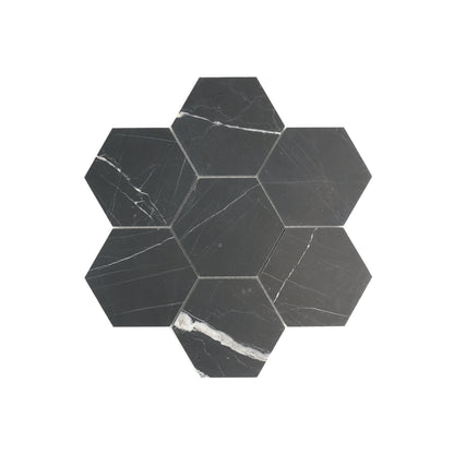 Nero Marquina 5 Inch Hexagon Mosaic Marble Tile | Honed-Main Inventory-All Products,Natural Stone-Riad Tile
