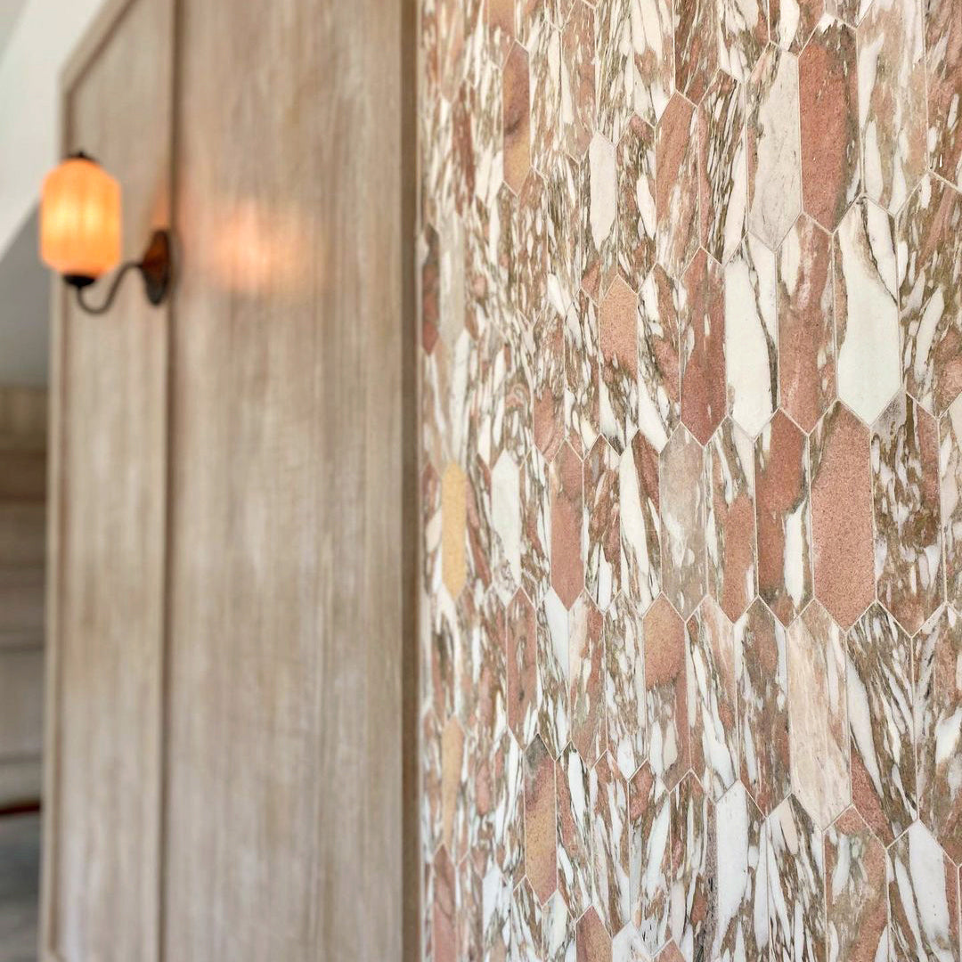 Norwegian Rose Pickett Mosaic Marble Tile | Honed-installed on the wall-Riad Tile